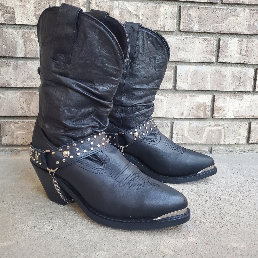 Shyanne slouchy leather black western cowboy women's harness boots SH1131A